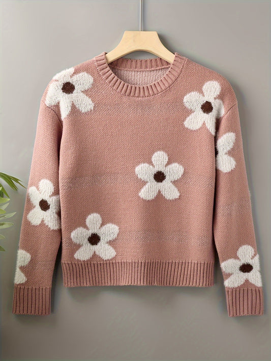 Floral Pattern Crew Neck Sweater